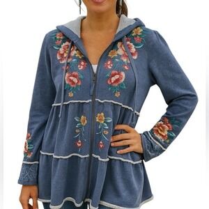 Johnny Was Acacia Large Embroidered Tiered Sweatshirt Hoodie Jacket Cotton Boho